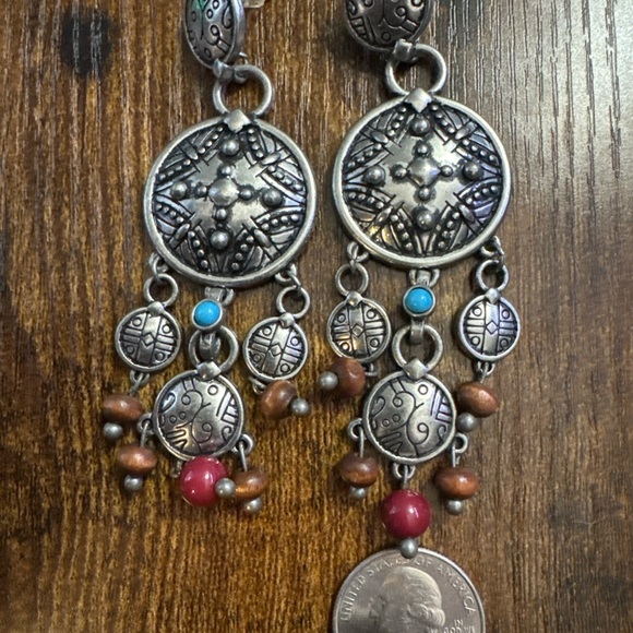 Silver Tone Large Chunky Statement Earrings Blue Brown Red Chandelier Cocktail - Picture 2 of 3